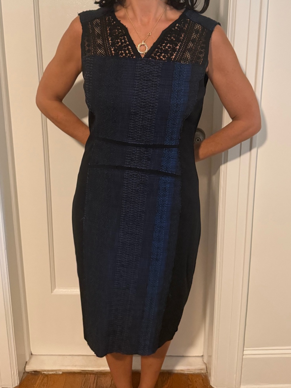 Elie Tahari Navy Lace-Trim Sheath Dress with Subtle Stripe